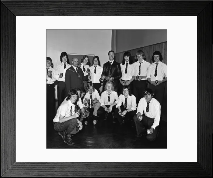 Framed Print : Jack Charlton presents the school FA awards. 1973