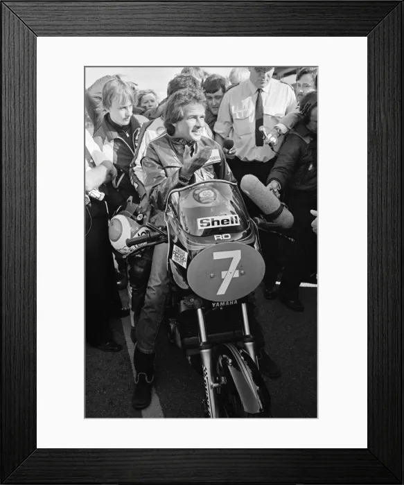 Framed Print : British Motorcycle road racer Barry Sheene at Donington on his first ride since his near Framed Print : British Motorcycle road racer Barry Sheene at Donington on his first ride since his near
