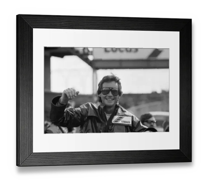 Framed Print : British Motorcycle road racer Barry Sheene at Donington on his first ride since his near