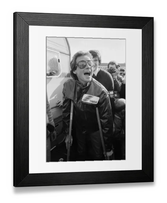 Framed Print : British Motorcycle road racer Barry Sheene at Donington on his first ride since his near Framed Print : British Motorcycle road racer Barry Sheene at Donington on his first ride since his near