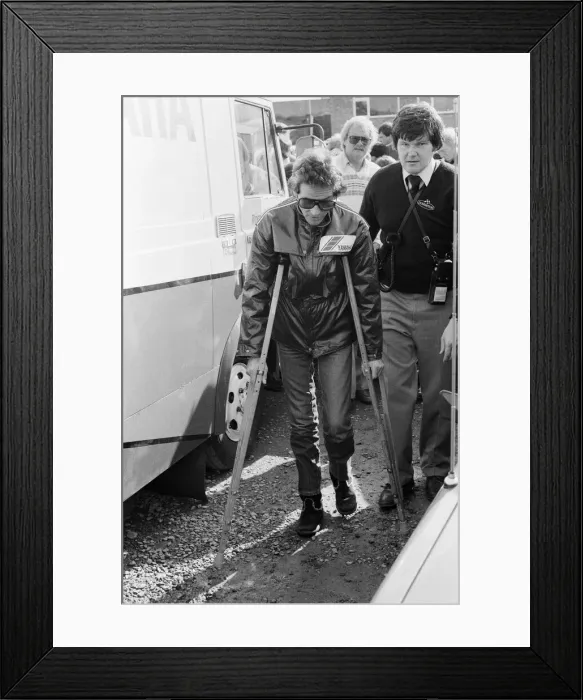 Framed Print : British Motorcycle road racer Barry Sheene at Donington on his first ride since his near Framed Print : British Motorcycle road racer Barry Sheene at Donington on his first ride since his near