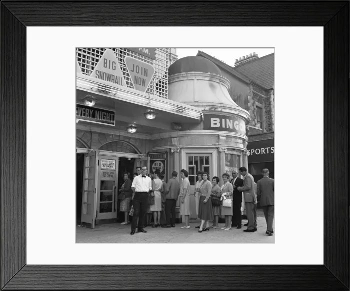 Framed Print : People queue outside the Gaiety Theatre, to play bingo. 31st July 1963 Framed Print : People queue outside the Gaiety Theatre, to play bingo. 31st July 1963
