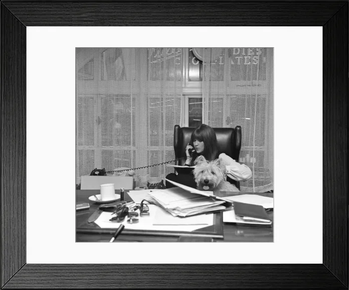 Framed Print : Cathy McGowan, English Television Personality, pictured in her office with her dog Framed Print : Cathy McGowan, English Television Personality, pictured in her office with her dog