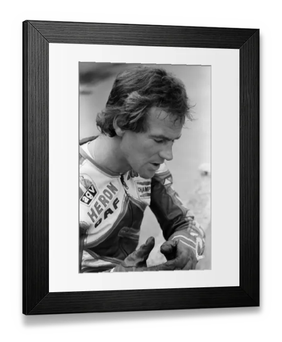 Framed Print : British Motorcycle road racer Barry Sheene at Silverstone race track during practice for