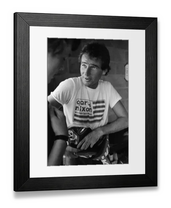 Framed Print : British Motorcycle road racer Barry Sheene at Silverstone race track during practice for Framed Print : British Motorcycle road racer Barry Sheene at Silverstone race track during practice for