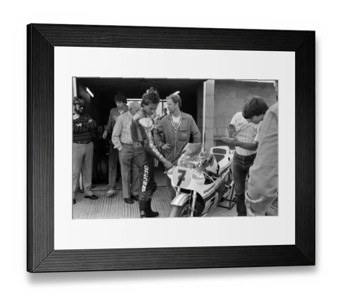Framed Print : British Motorcycle road racer Barry Sheene at Silverstone during a practice session for Framed Print : British Motorcycle road racer Barry Sheene at Silverstone during a practice session for