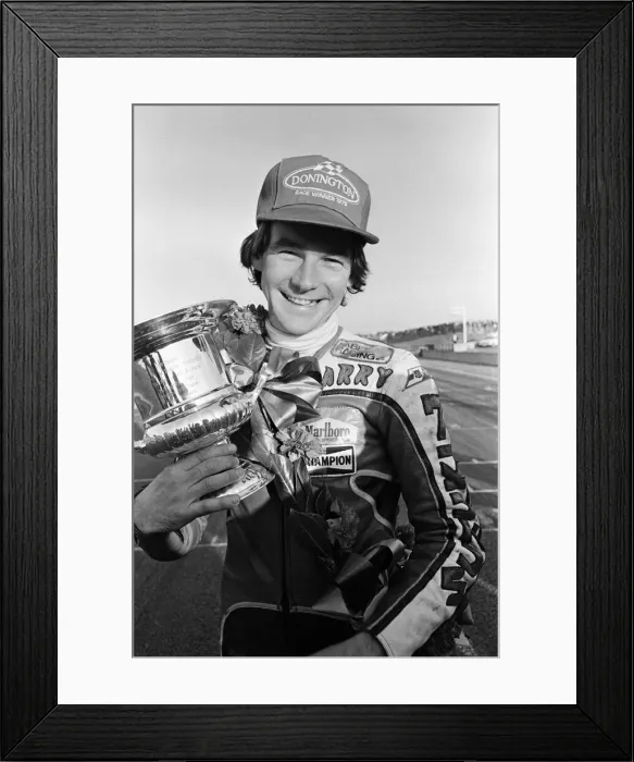 Framed Print : British Motorcycle road racer Barry Sheene celebrates victory for Britain in the AGV Framed Print : British Motorcycle road racer Barry Sheene celebrates victory for Britain in the AGV
