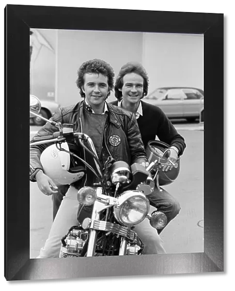 British Motorcycle road racer Barry Sheene with pop singer David Essex at the Motorcycle