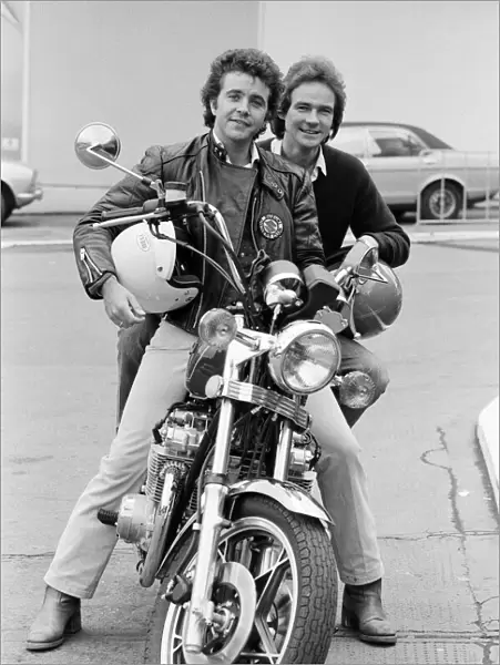 British Motorcycle road racer Barry Sheene with pop singer David Essex at the Motorcycle
