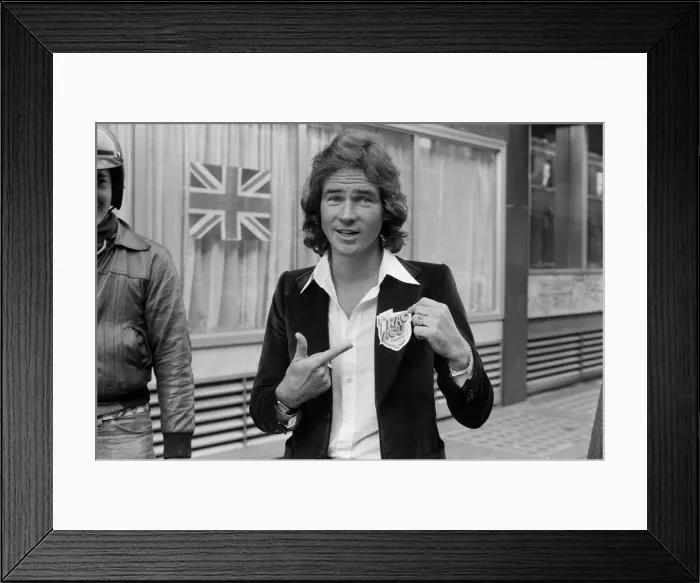 Framed Print : Britiains World Motorcycle racing Champion Barry Sheene launches the latest road Framed Print : Britiains World Motorcycle racing Champion Barry Sheene launches the latest road