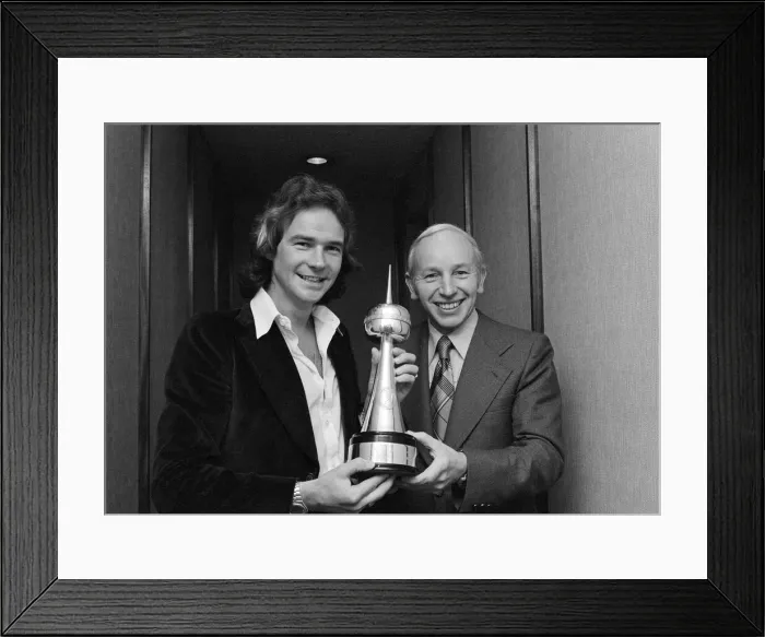 Framed Print : Britains World Motorcycle racing Champion Barry Sheene receives his awards for Framed Print : Britains World Motorcycle racing Champion Barry Sheene receives his awards for