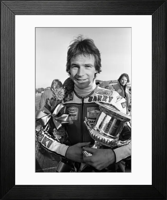 Framed Print : British Motorcycle road racer Barry Sheene celebrates victory for Britain in the AGV Framed Print : British Motorcycle road racer Barry Sheene celebrates victory for Britain in the AGV