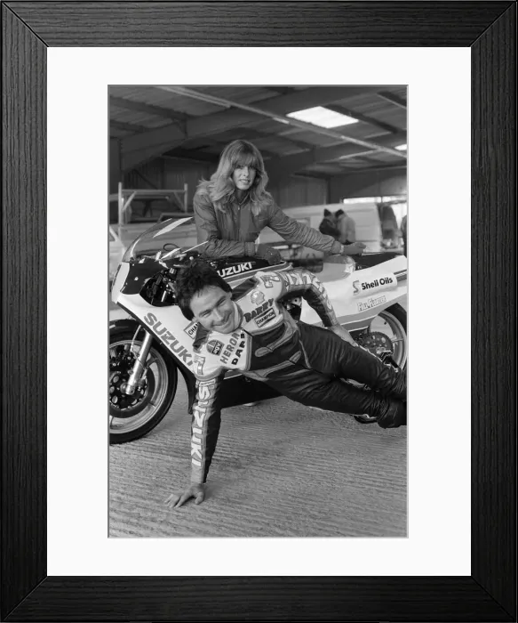 Framed Print : British Motorcycle road racer Barry Sheene with his new Suzuki bike
