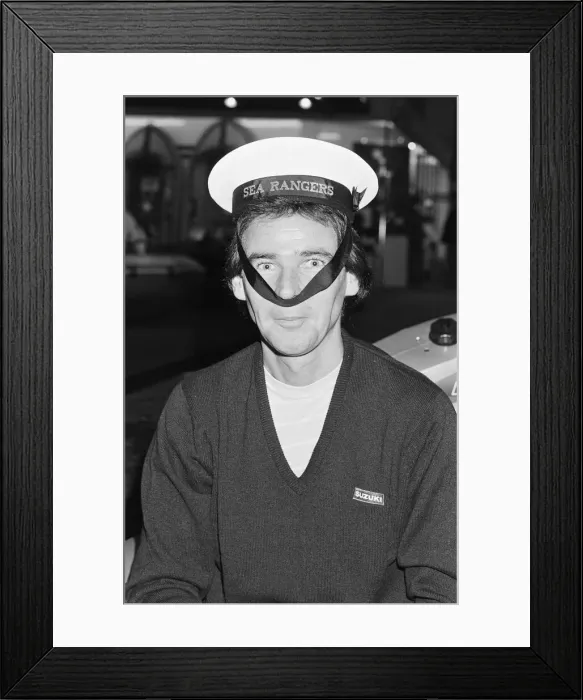 Framed Print : British Motorcycle road racer Barry Sheene attends the Boat Show exhibition at Earls Framed Print : British Motorcycle road racer Barry Sheene attends the Boat Show exhibition at Earls