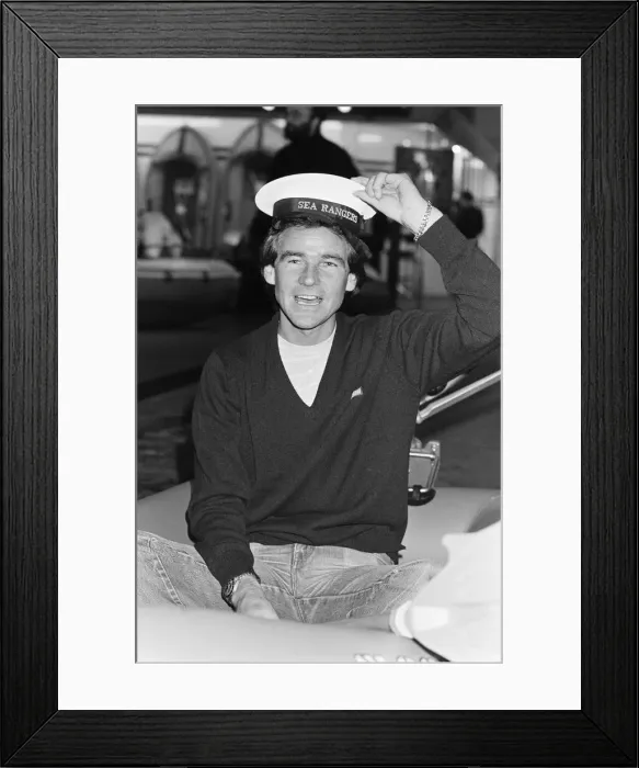 Framed Print : British Motorcycle road racer Barry Sheene attends the Boat Show exhibition at Earls