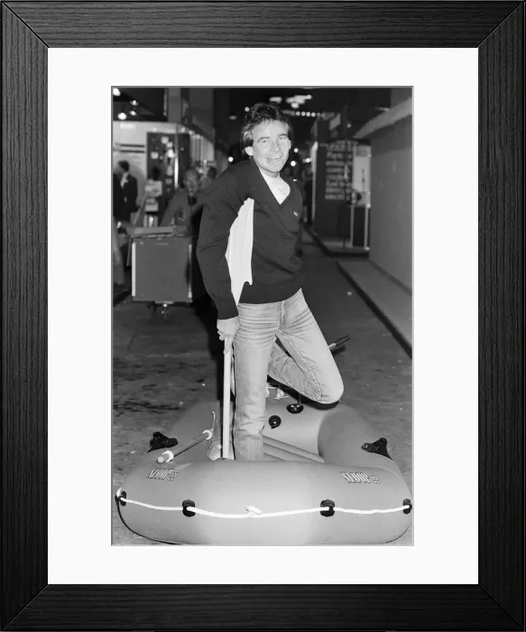 Framed Print : British Motorcycle road racer Barry Sheene attends the Boat Show exhibition at Earls Framed Print : British Motorcycle road racer Barry Sheene attends the Boat Show exhibition at Earls