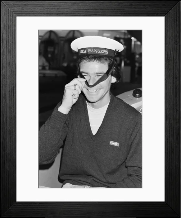 Framed Print : British Motorcycle road racer Barry Sheene attends the Boat Show exhibition at Earls