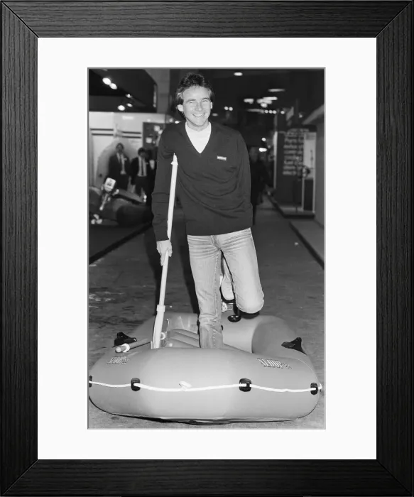Framed Print : British Motorcycle road racer Barry Sheene attends the Boat Show exhibition at Earls Framed Print : British Motorcycle road racer Barry Sheene attends the Boat Show exhibition at Earls