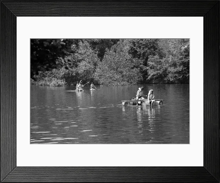 Framed Print : A raft race in Pangbourne, Berkshire. June 1976 Framed Print : A raft race in Pangbourne, Berkshire. June 1976