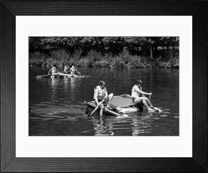 Framed Print : A raft race in Pangbourne, Berkshire. June 1976 Framed Print : A raft race in Pangbourne, Berkshire. June 1976