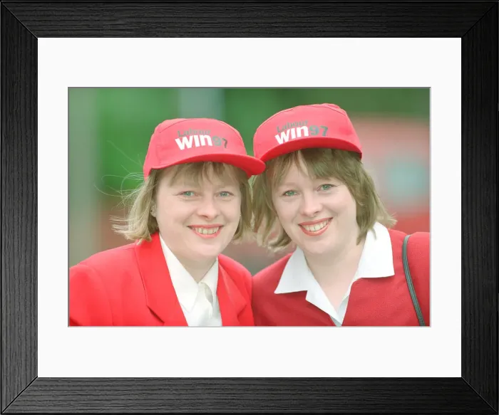 Framed Print : Angela Eagle (left) and her twin sister Maria (right), pictured in Liverpool, April 1997 Framed Print : Angela Eagle (left) and her twin sister Maria (right), pictured in Liverpool, April 1997