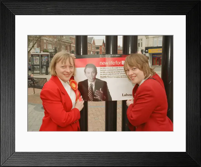Framed Print : Angela Eagle (left) and her twin sister Maria (right), pictured in Liverpool, April 1997 Framed Print : Angela Eagle (left) and her twin sister Maria (right), pictured in Liverpool, April 1997