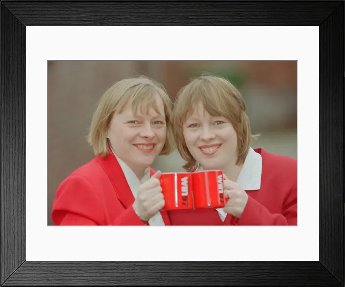 Framed Print : Angela Eagle (left) and her twin sister Maria (right), pictured in Liverpool, April 1997 Framed Print : Angela Eagle (left) and her twin sister Maria (right), pictured in Liverpool, April 1997