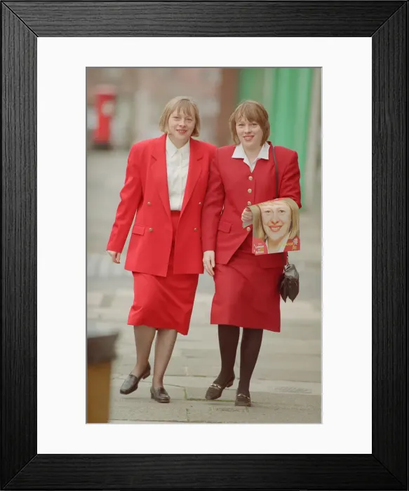 Framed Print : Angela Eagle (left) and her twin sister Maria (right), pictured in Liverpool, April 1997 Framed Print : Angela Eagle (left) and her twin sister Maria (right), pictured in Liverpool, April 1997