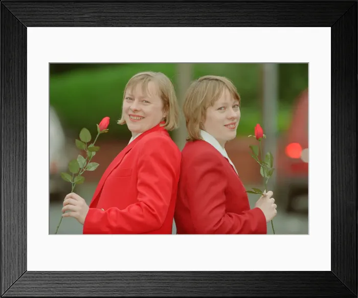 Framed Print : Angela Eagle (left) and her twin sister Maria (right), pictured in Liverpool, April 1997 Framed Print : Angela Eagle (left) and her twin sister Maria (right), pictured in Liverpool, April 1997