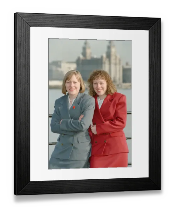 Framed Print : Angela Eagle (left) and her twin sister Maria, pictured in Liverpool, February 1992 Framed Print : Angela Eagle (left) and her twin sister Maria, pictured in Liverpool, February 1992
