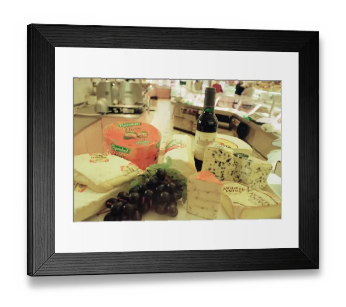 Framed Print : Cheese Selection, displayed in shop. 22nd February 1999. Chateau Beaumont Red Wine