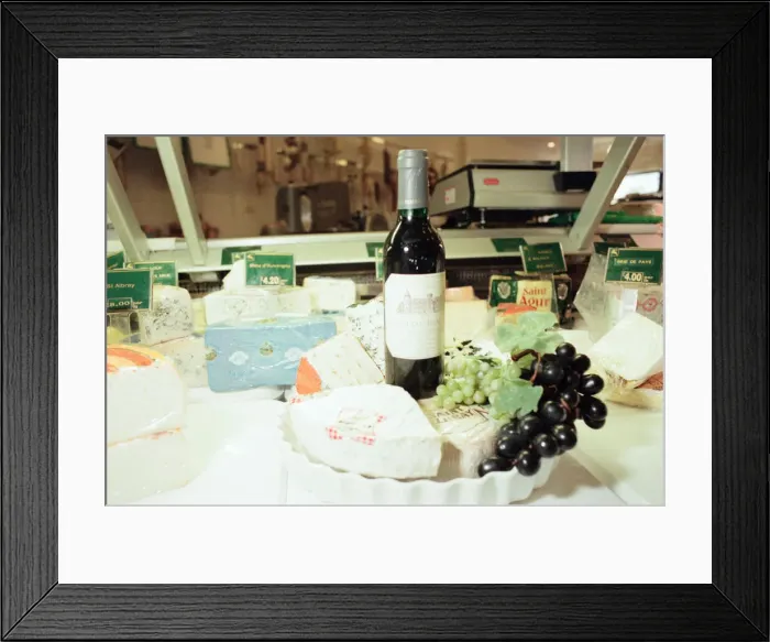 Framed Print : Cheese Selection, displayed in shop. 22nd February 1999. Chateau Beaumont Red Wine