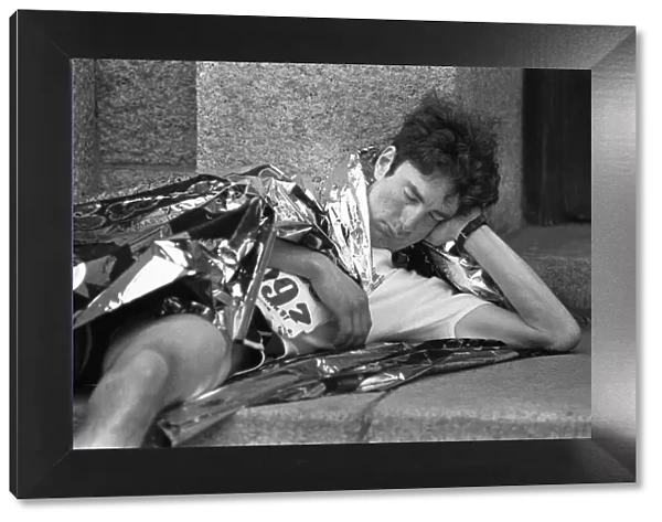 Exhausted marathon runner tries to get 40 winks after completing the race 10th May 1987