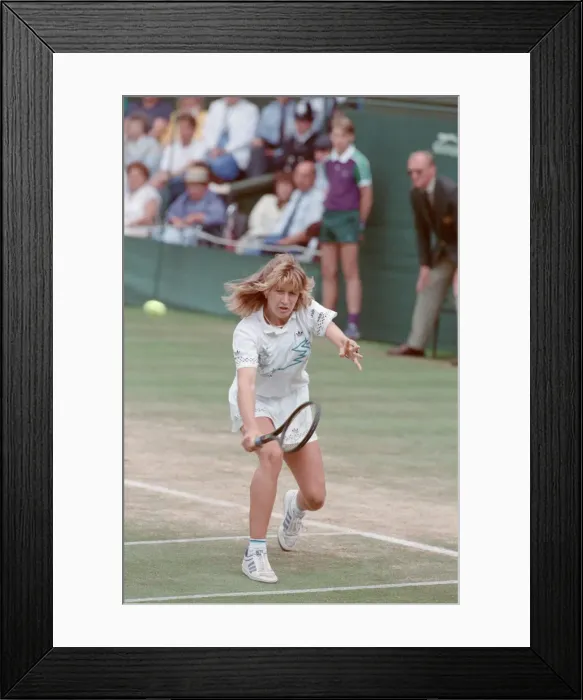 Framed Print : Steffi Graf pictured in action in the Wimbledon Ladies Singles Final on 2nd July 1988 Framed Print : Steffi Graf pictured in action in the Wimbledon Ladies Singles Final on 2nd July 1988
