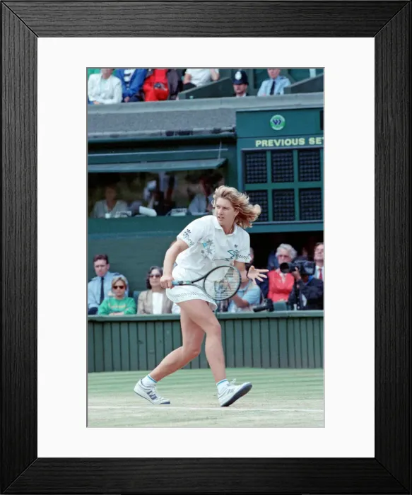 Framed Print : Steffi Graf pictured in action in the Wimbledon Ladies Singles Final on 2nd July 1988 Framed Print : Steffi Graf pictured in action in the Wimbledon Ladies Singles Final on 2nd July 1988