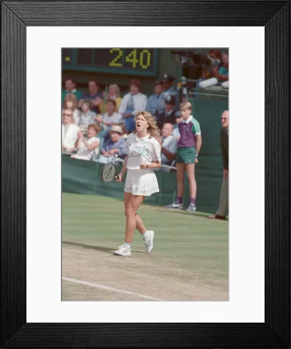 Framed Print : Steffi Graf pictured in action in the Wimbledon Ladies Singles Final on 2nd July 1988 Framed Print : Steffi Graf pictured in action in the Wimbledon Ladies Singles Final on 2nd July 1988