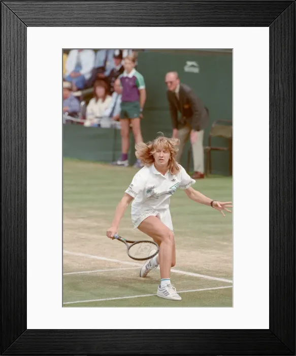 Framed Print : Steffi Graf pictured in action in the Wimbledon Ladies Singles Final on 2nd July 1988 Framed Print : Steffi Graf pictured in action in the Wimbledon Ladies Singles Final on 2nd July 1988