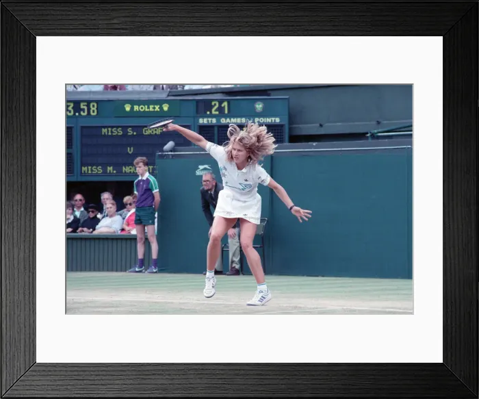 Framed Print : Steffi Graf pictured in action in the Wimbledon Ladies Singles Final on 2nd July 1988 Framed Print : Steffi Graf pictured in action in the Wimbledon Ladies Singles Final on 2nd July 1988