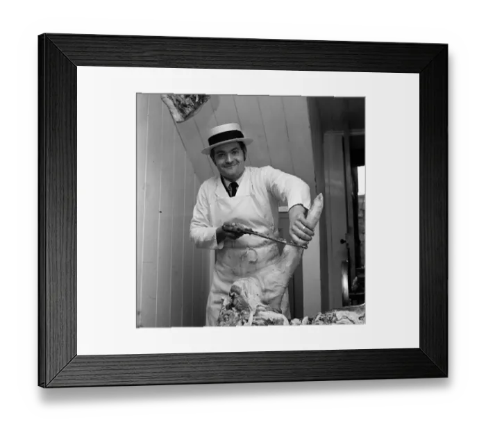 Framed Print : A butcher in Yarm, North Yorkshire. 1972
