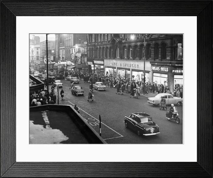 Framed Print : Shopping, cars and buses in a busy Church Street, Liverpool, England Framed Print : Shopping, cars and buses in a busy Church Street, Liverpool, England