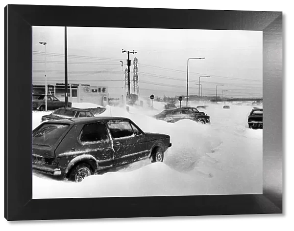 Stranded cars on the A48 Cowbridge bypass, South Wales, 20th February 1978
