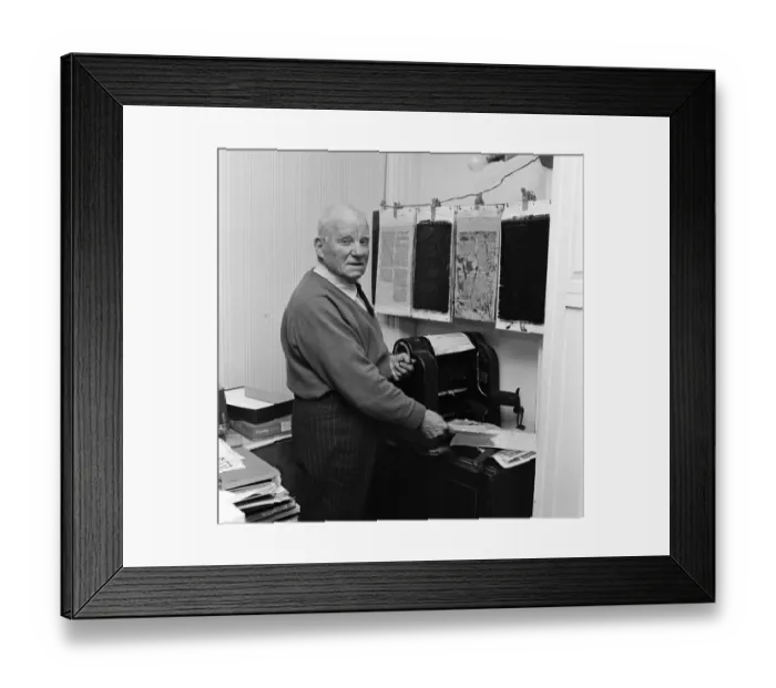 Framed Print : Commander Bill Boaks working in his one man staffed office in his Kingston home