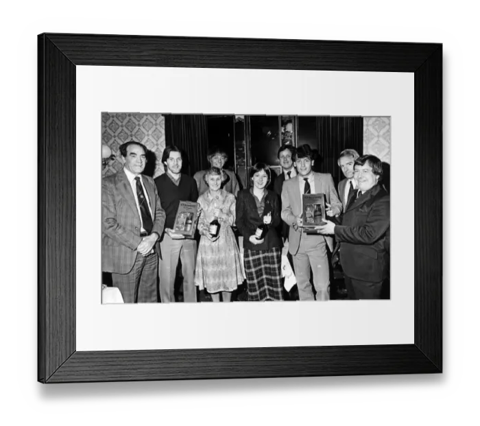 Framed Print : Players of the month Bobby Shinton and Kevin Arnott are pictured with winning fans Mrs
