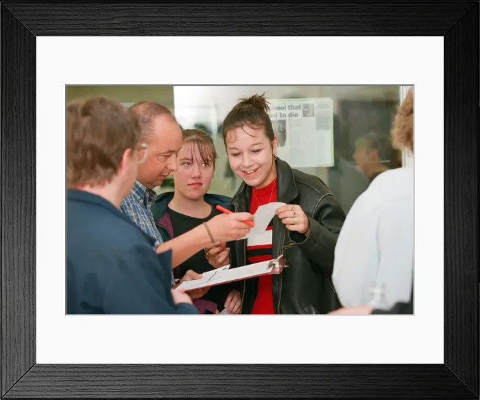 Framed Print : Students receiving their GCSE results at Blakelaw School. 21st August 1997 Framed Print : Students receiving their GCSE results at Blakelaw School. 21st August 1997