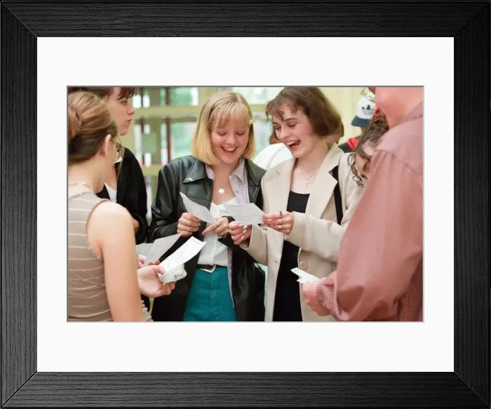 Framed Print : Students receiving their GCSE results at Blakelaw School. 21st August 1997 Framed Print : Students receiving their GCSE results at Blakelaw School. 21st August 1997
