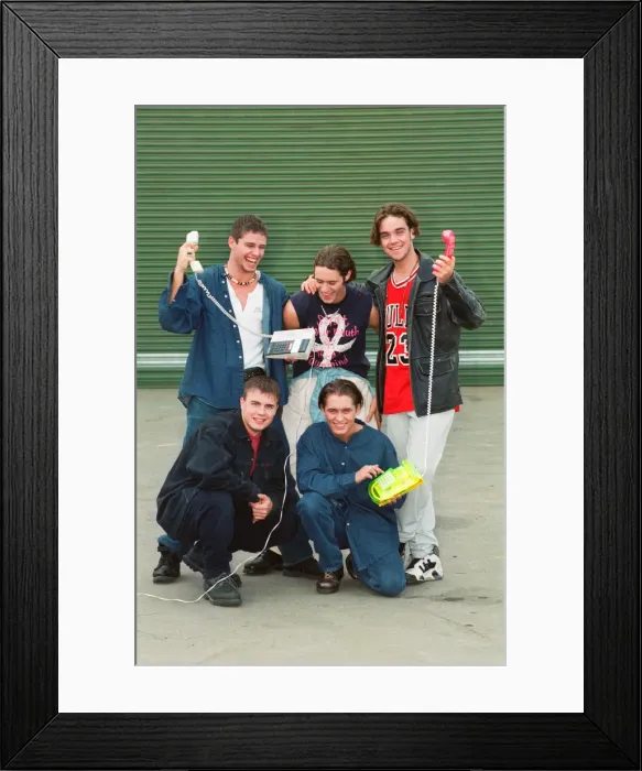 Framed Print : Photo shows boy band Take That, Howard Donald (top left), Jason Orange (top middle) Framed Print : Photo shows boy band Take That, Howard Donald (top left), Jason Orange (top middle)