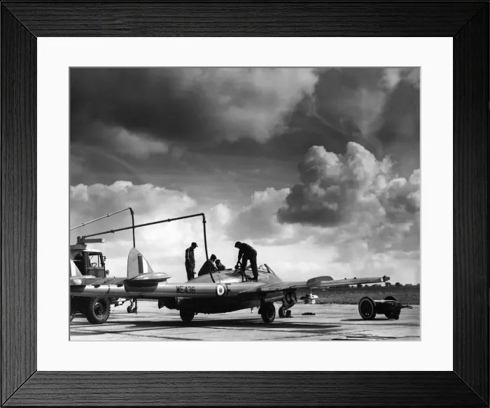 Framed Print : A De Havilland DH Venom FB1 seen here being re-fuelled at RAF Leconfield during Framed Print : A De Havilland DH Venom FB1 seen here being re-fuelled at RAF Leconfield during