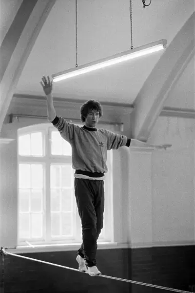 Actor Michael Crawford works out on the high wire. 8th April 1981