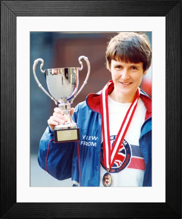 Framed Print : Runner Sharon Gayter with the cup she won for the 24 Hour Championships Framed Print : Runner Sharon Gayter with the cup she won for the 24 Hour Championships