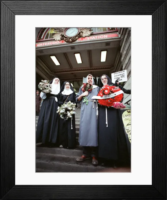 Framed Print : Comedian and actor Terry Jones takes part in a rail tunnel protest outside Waterloo Framed Print : Comedian and actor Terry Jones takes part in a rail tunnel protest outside Waterloo